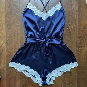 Satin One Piece Romper Lingerie Pajamas With Lace Trim. Large
